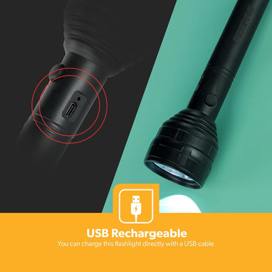 Geepas Rechargeable LED Flashlight, USB Rechargeable, GFL51052 | 8hrs Working Torch Lithium Battery Ideal for Camping, Trekking & Outdoor Activities