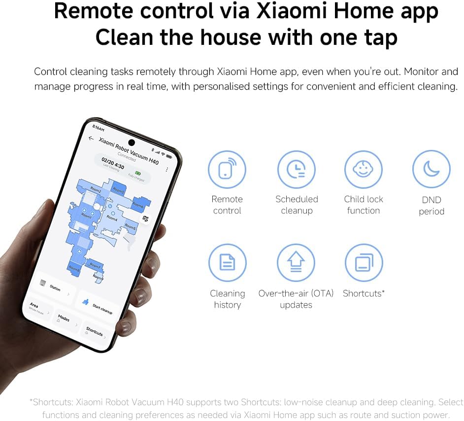 Xiaomi Robot Vacuum H40, 10000Pa powerful suction, LDS Navigation, Smart Mapping, Anti-tangle brush, Auto Dust Emptying, 180min Runtime, Works with Xiaomi Home App, Voice Control