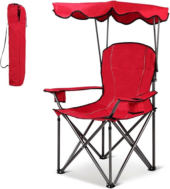 Goplus Camping Chair with Canopy Shade, Folding Lawn Chair with Umbrella Cup Holder & Carry Bag, Portable Sunshade Chair for Adults for Beach Outdoor Travel Hiking Fishing (Red)