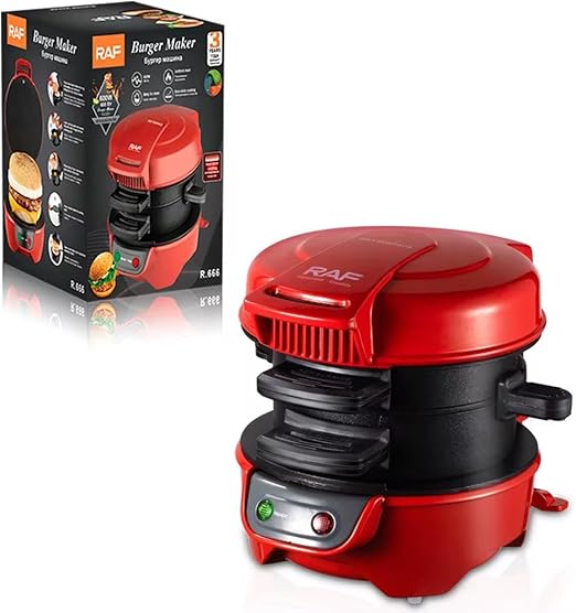 RAF Electric Burger Maker, Non-Stick Hamburger Press, Red and Black
