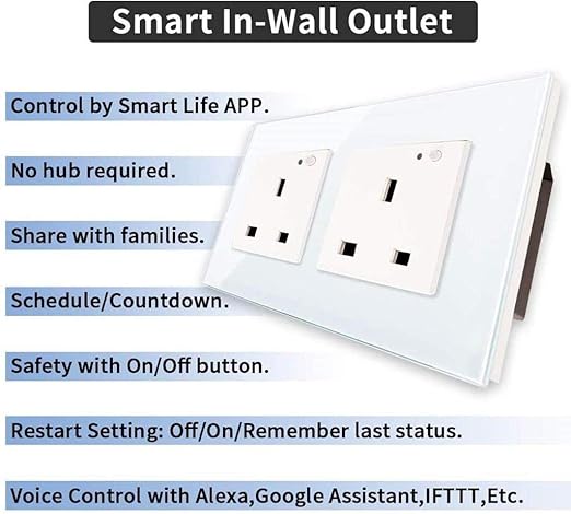 ADAK WiFi Smart Wall Socket Outlet Glass Panel Remote Control Works with Amazon Alexa/Google Home (White, Double Socket)