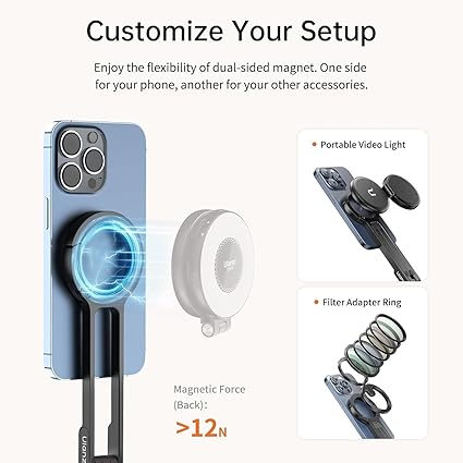 ULANZI MA30 Magnetic Phone Stand iPhone Aluminium Mini Tripod Foldable Pockets Mobile Phone Stand Double-Sided Magnet Quick Mount Compatible iPhone 16 15 14 13 12 Magsafe 12N Magnetic Tripod