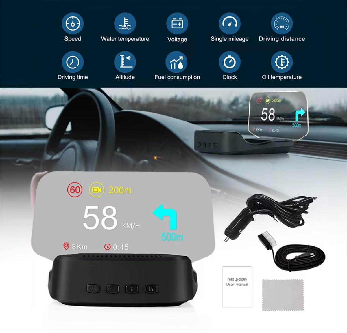 ADAK Car HUD(head up display), Display with OBD+GPS functionality, a high-definition speedometer, and car diagnostic tool. It eliminates OBD fault