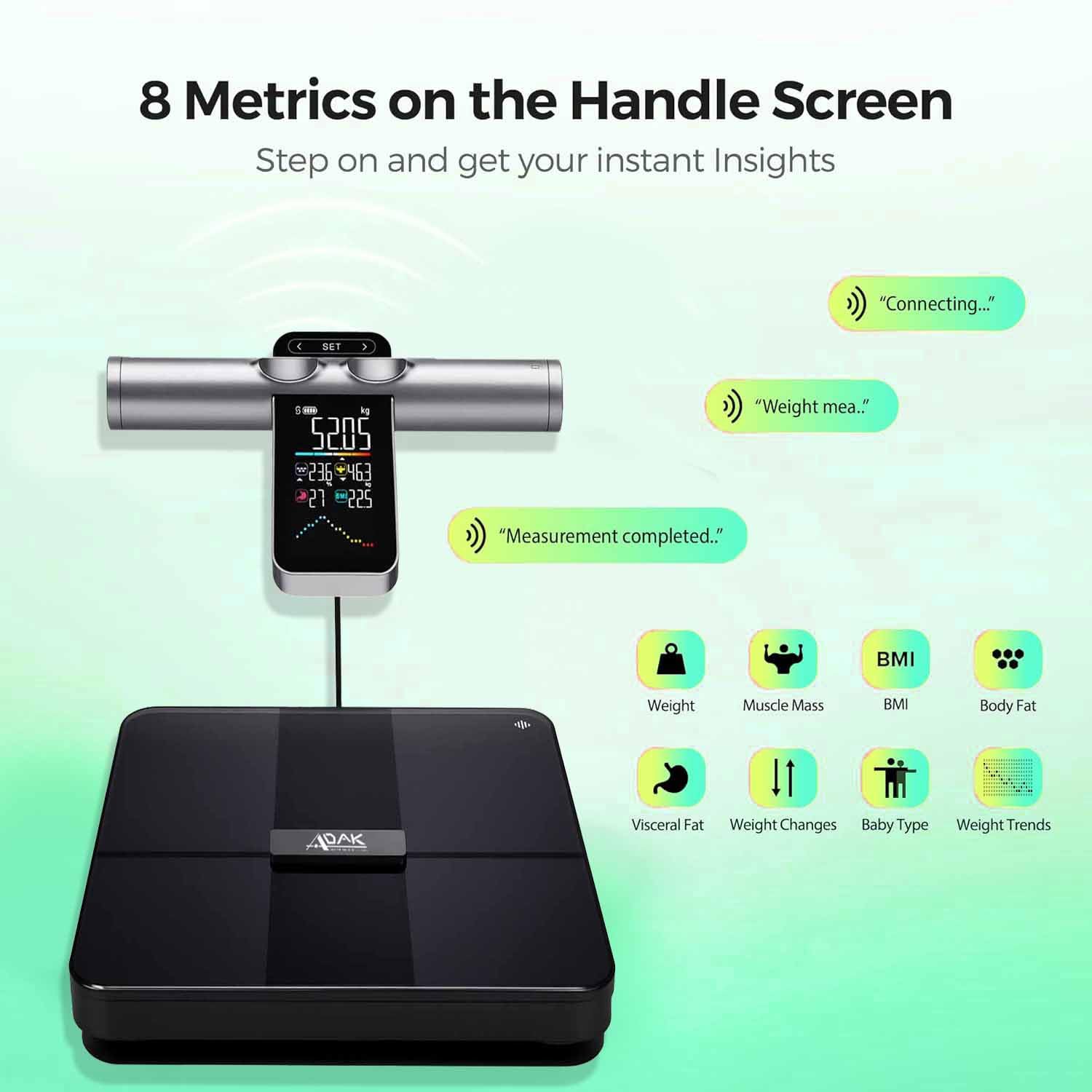 ADAK 8-Electrode Smart Body Fat Scale 2 PRO, Black, Glass, 30x30x2.7cm, Digital Bathroom Scale with BMI, 29 Body Composition Analyzer, Large LCD Display, Bluetooth App Sync, 400 lbs Capacity