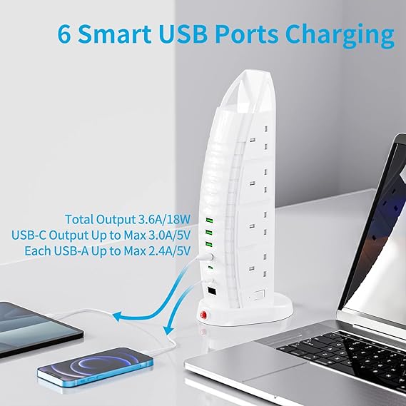 BEKHOM Extension Lead with 8 Way Outlets and 2 USB Ports (Type C and USB) - 3.6A Multi Plug Extension Socket with Switches, 2M Cable, Vertical Power Strip