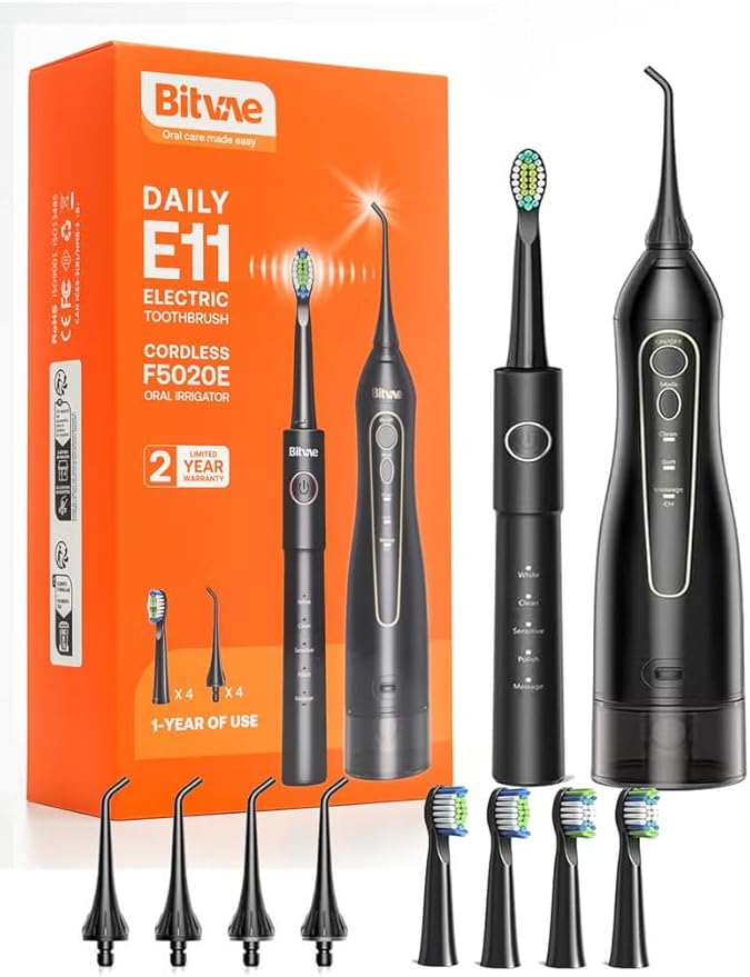 Bitvae Oral Care E11 Electric Toothbrush + F5020E Oral Irrigator.Rechargeable Cordless Waterproof, 5 Selectable Modes and 4 Heads Whitening Toothbrush, 3 Modes and 4 Nozzles Oral Irrigator Black for Travel