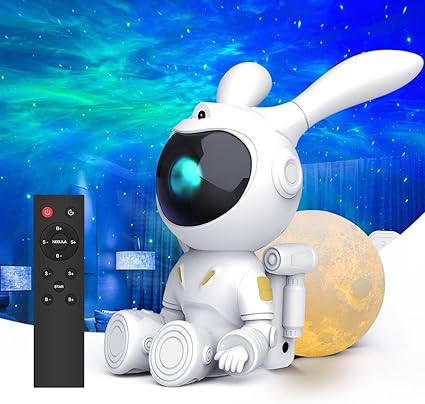 ADAK Remote-Controlled Nebula Rabbit Astronaut Star Projector with Moon Lamp - 7-Color Adjustable Starry Sky and Sitting Moon Lights