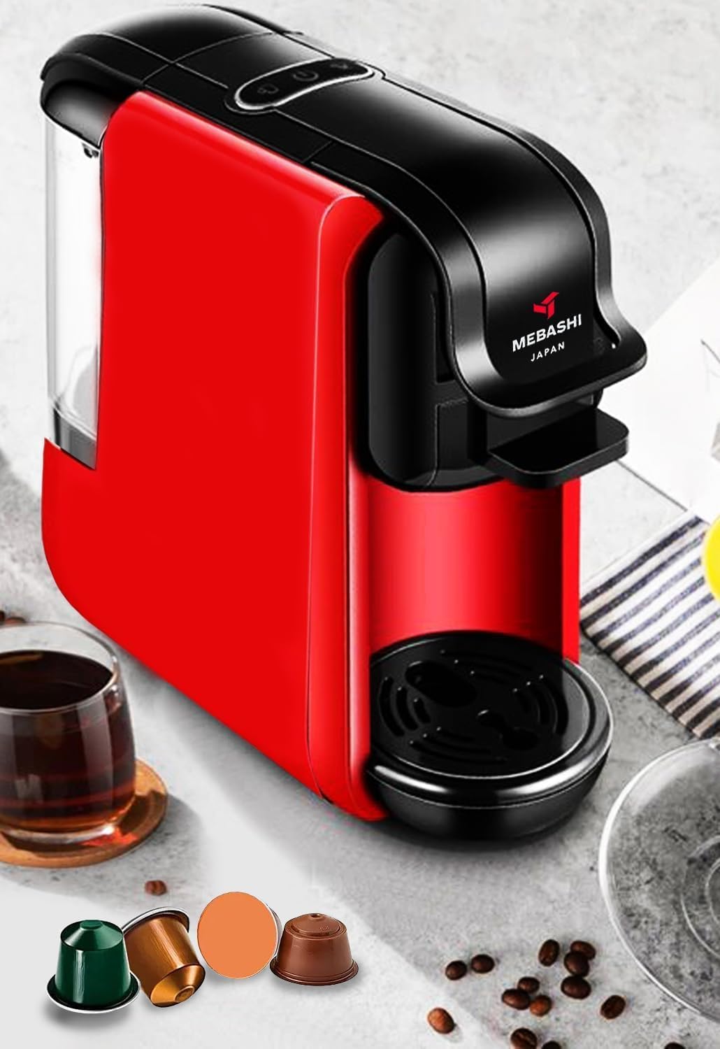 MEBASHI 3-in-1 Multifunction Espresso Capsule Coffee Machine, 600ML Water Tank, 19 Bar Pressure, Auto Shut Off | (ME-CEM302) (Red)|1450W
