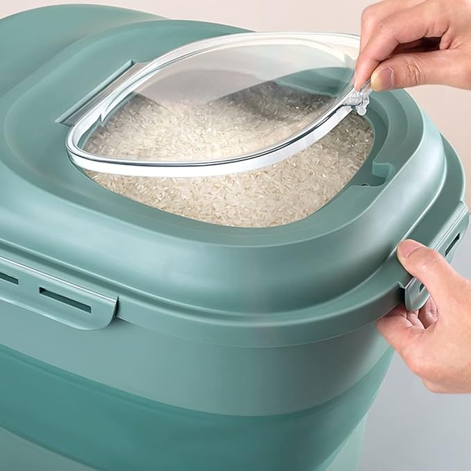 25kg Household Folding Rice Bucket, Moisture-Proof Kitchen Storage Box for Rice, Noodles, and Flour