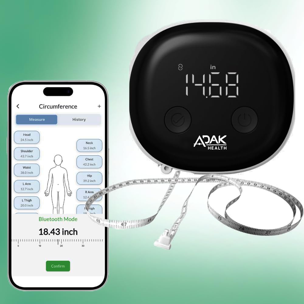 ADAK Smart Digital Body Measuring Tape with LED Display, White, Bluetooth Enabled, 60in Body Tape Measure, Type-C Rechargeable, Body Measuring Tape for Weight Loss, Retracable