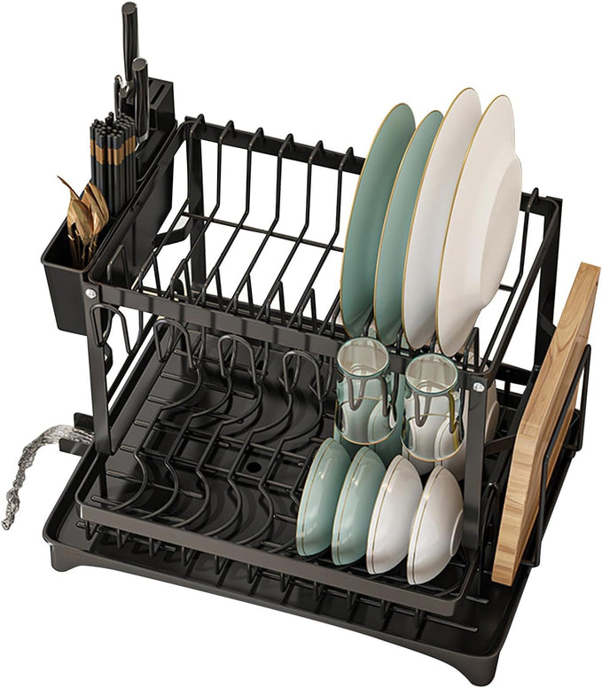 ADAK Dish Rack, Dish Drainers for Kitchen Counter, 2 Tier Dish Holder, Dish Draining Stand Rack with Water Guide Design for Bowls, Chopsticks, Dishes