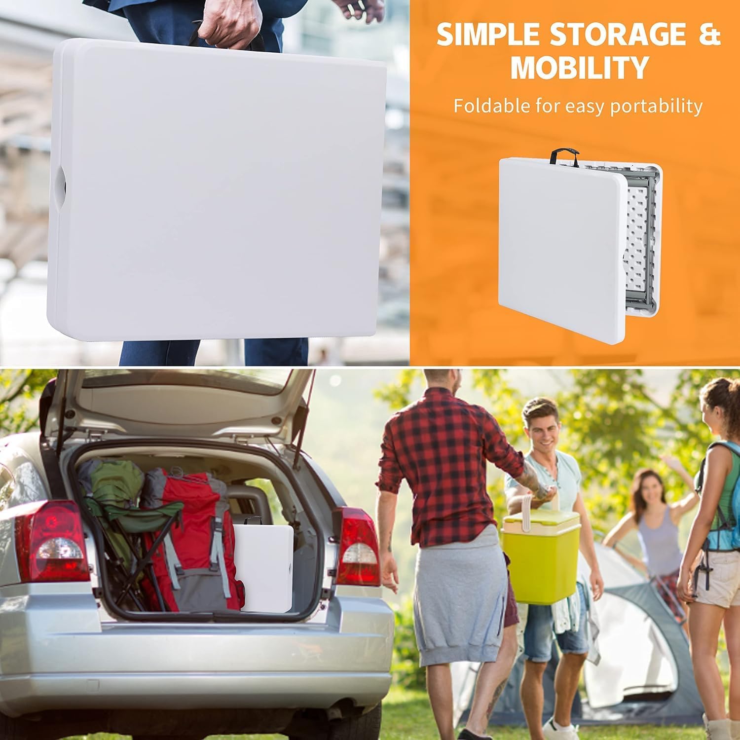 SKY-TOUCH Folding Lightweight Trestle Outdoor Camping Table,Heavy Duty Plastic Outdoor Folding Picnic Table,Folding Trestle Table For BBQ Party, Folds in Half with Carry Handle,White(152×70×74cm)