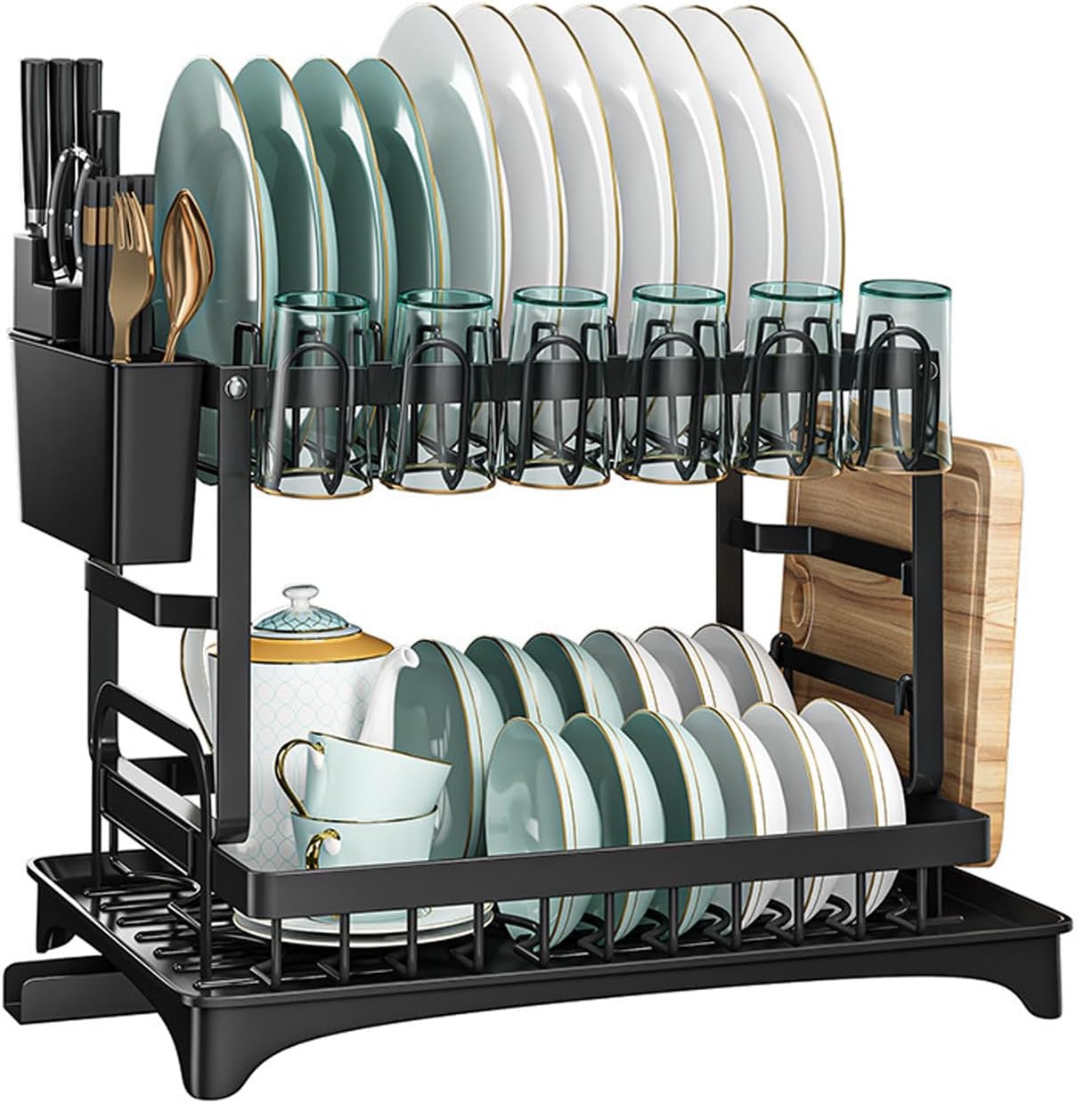 ADAK Dish Rack, Dish Drainers for Kitchen Counter, 2 Tier Dish Holder, Dish Draining Stand Rack with Water Guide Design for Bowls, Chopsticks, Dishes