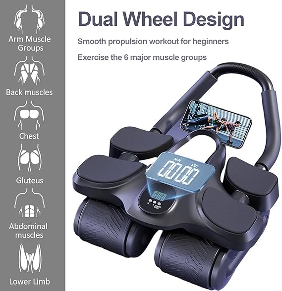 4-Wheeled Abdominal,Fitness Belly Rolling Wheel-4 Elbow Support,290MM Widened Wheel Base,Max Load 200kg,Automatic Rebound Abdominal Wheel with Sit-Up Machine, for Beginners and Professionals