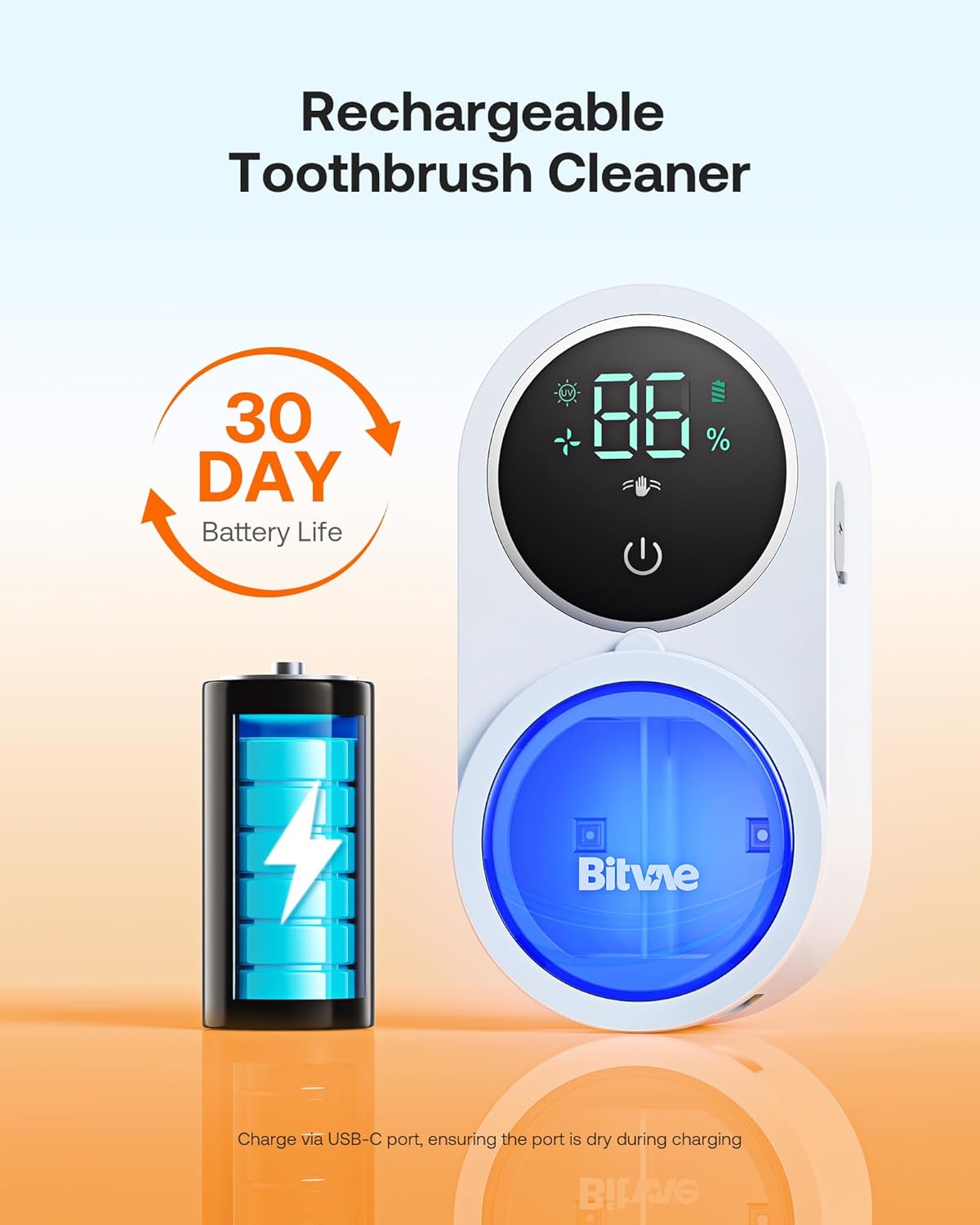 Bitvae Toothbrush Cleaner, UV-C Cleaning and Air Drying, LED Smart Screen, Rechargeable Wall Mount Toothbrush Holder, White