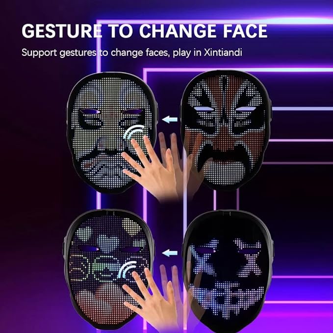 ADAK APP Controlled Rechargeable LED Face Mask - Bluetooth Light Up Mask with Gesture Sensing, Programmable for Halloween, Christmas, Cosplay