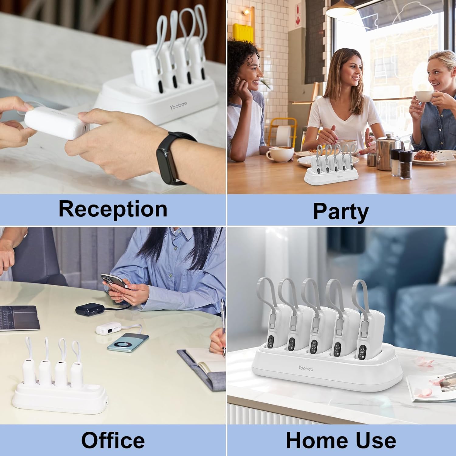 Yoobao Portable Charging Station with Small Power Bank 5 Pack Built-in USB C Cable 5000mAh, Family Shared Portable Charger PD20W Fast Charging for iPhone 15 16, Charging Dock for Restaurant Pub Party