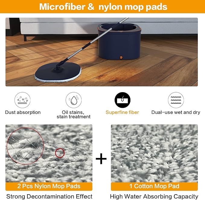Flat Floor Mop and Bucket System Set with Wringer, Self Wringing Microfiber Spin Mops Bucket for Floor Cleaning, Separate Dirty Water, Wet and Dry Use, Mops for Hardwood, Laminate, Tile, Navy Blue