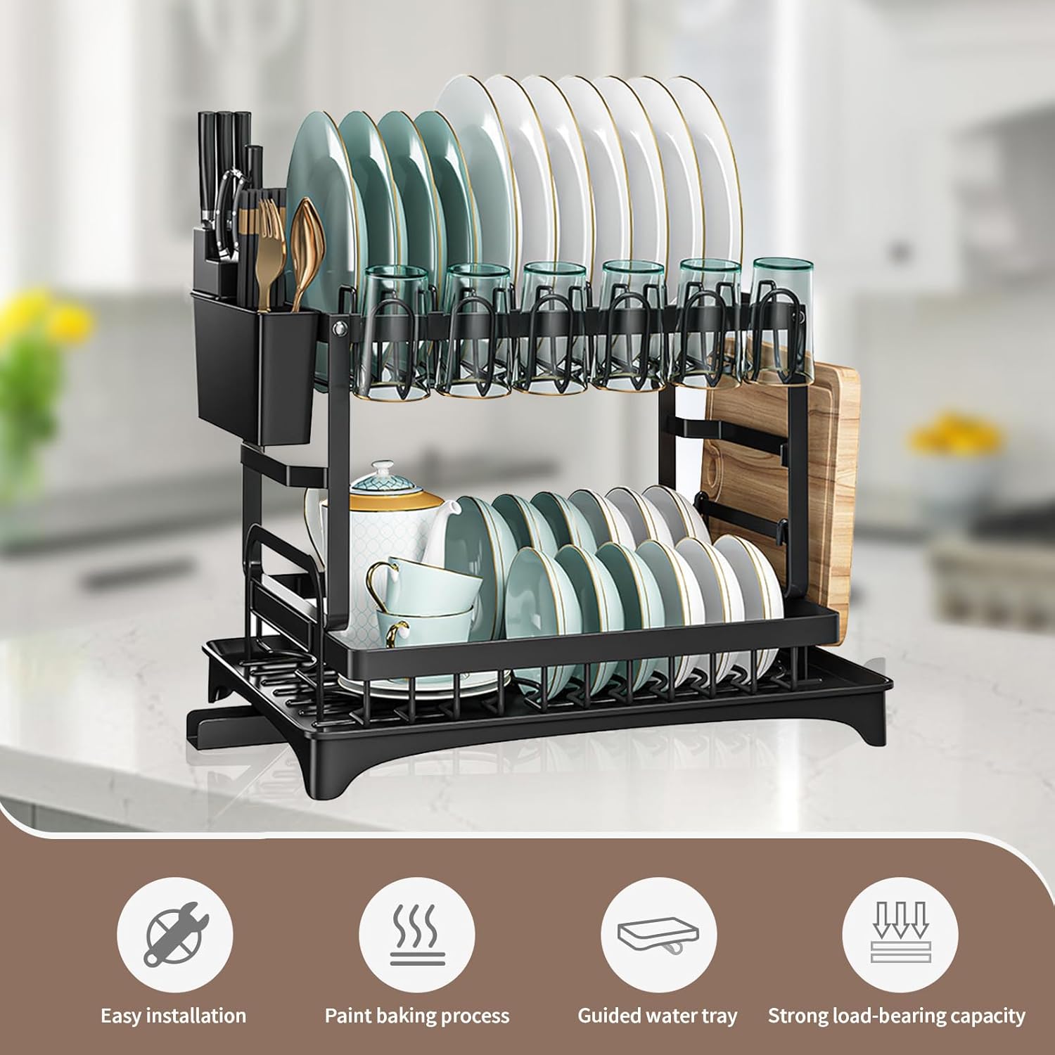 ADAK Dish Rack, Dish Drainers for Kitchen Counter, 2 Tier Dish Holder, Dish Draining Stand Rack with Water Guide Design for Bowls, Chopsticks, Dishes