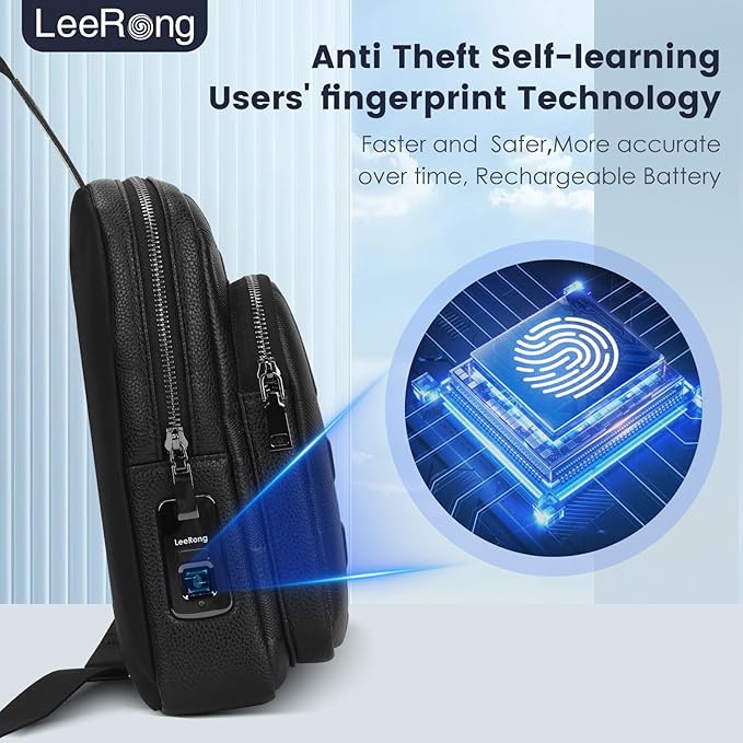 LeeRong Fingerprint Unlock Anti Theft Proof Crossbody Bag Men for Travel Genuine Leather Purse Waterproof Large Sling Bag for Men Multi-pocket Black Backpack