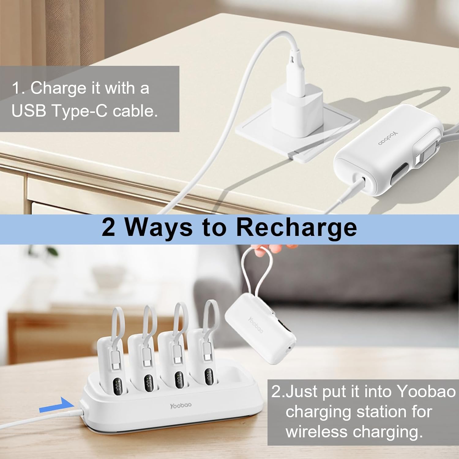 Yoobao Portable Charging Station with Small Power Bank 5 Pack Built-in USB C Cable 5000mAh, Family Shared Portable Charger PD20W Fast Charging for iPhone 15 16, Charging Dock for Restaurant Pub Party
