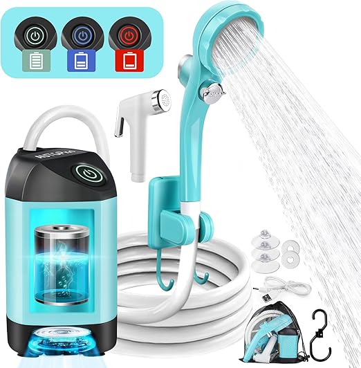 ADAK Portable Camping Shower - Rechargeable Outdoor Camp Shower with Pressurizer & 4500mAh Battery Pump IPX7 Waterproof for Camp, Hiking, Car Washing, Pet Bath