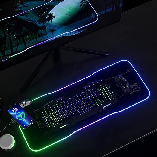 RGB Ergonomic Mouse Pad with Wrist Support, Made from Premium Microfiber Nylon Lycra, Anti-Slip Base, Splash-Proof Design, Breathing Light Cycle