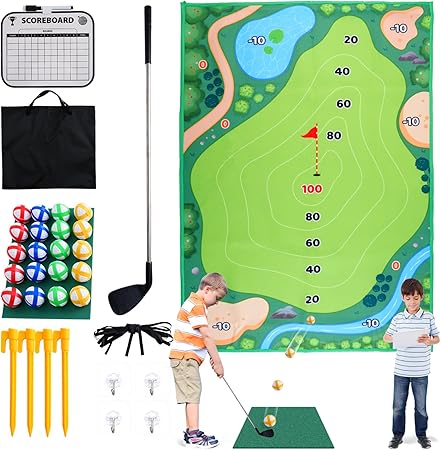 Golf Chipping Game，Golf Gift Set，Golf Practice mat，Golf Game with Golf Hitting Mat and Other Golf Accessories Indoor Outdoor Games for Adults and Kids Home Backyard Office(Golf Club Included)