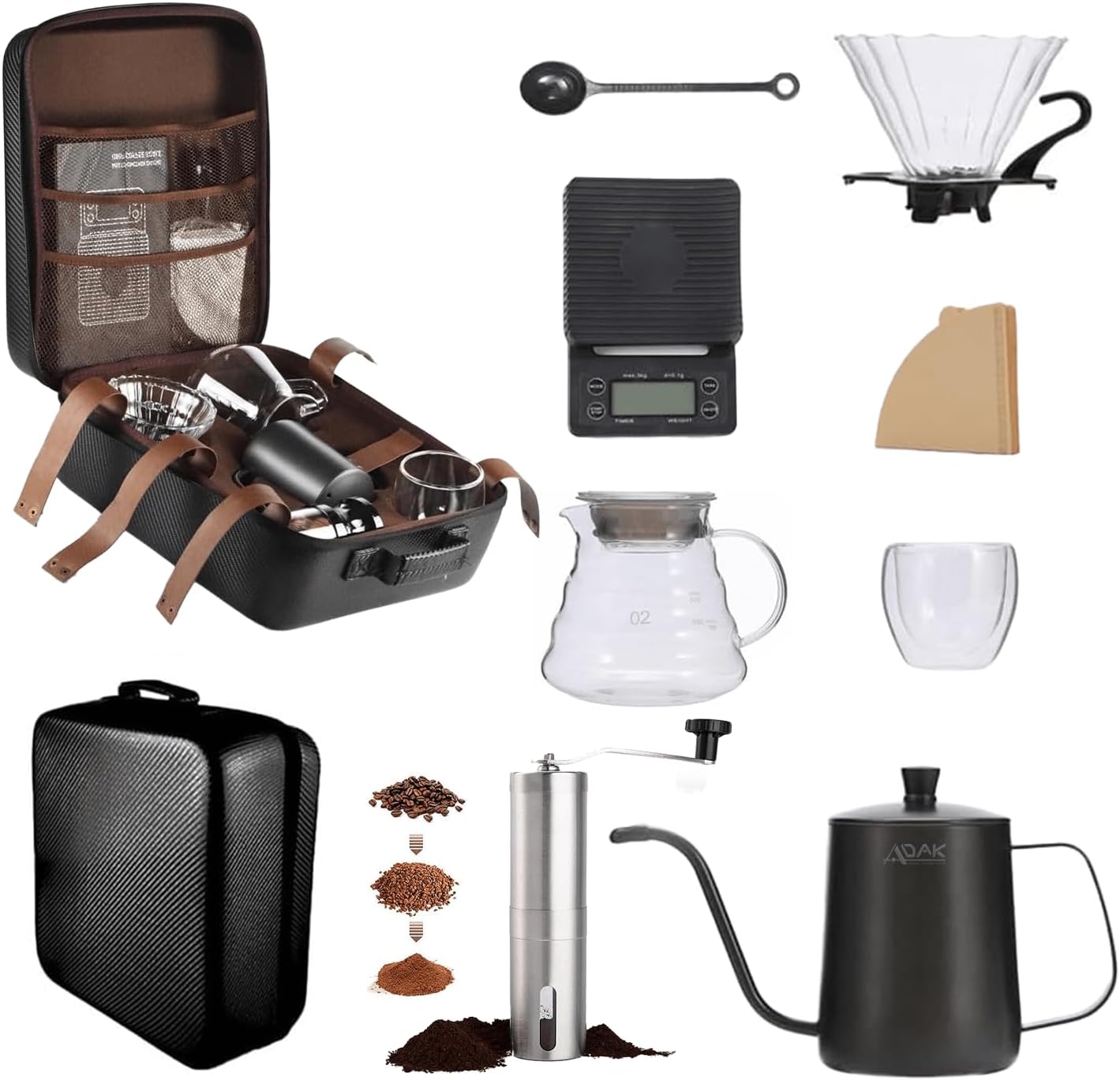 ADAK V60 manual Coffee kit | pour over coffee maker | Ideal for Camping and Traveling | Includes Coffee Scale, Glass Dripper, Hand Mill, Pour Pot