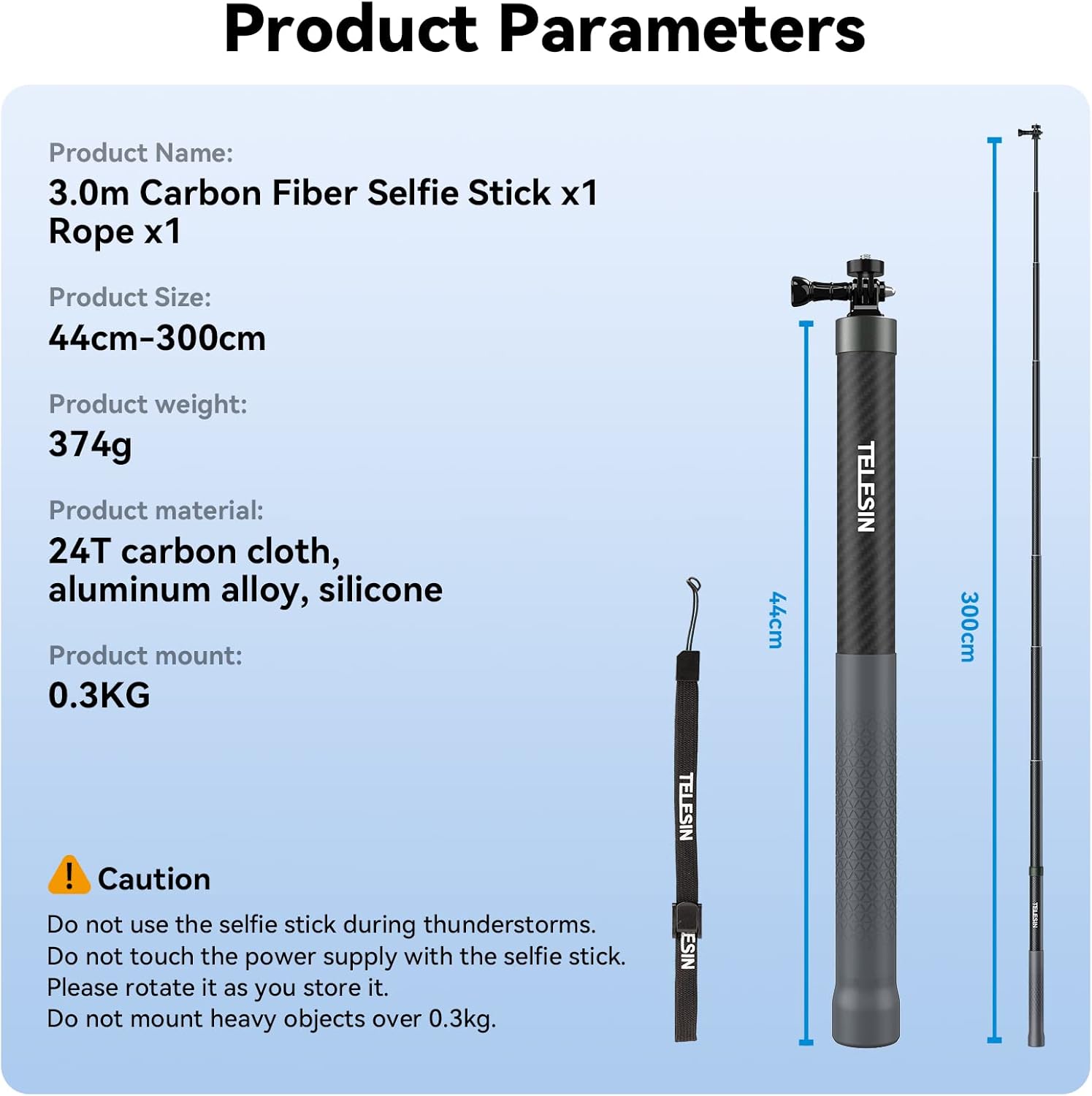 TELESIN 3rd Gen 3 Meter Ultra Long Carbon Fiber Selfie Stick for Action Camera, Waterproof Underwater Monopod for GoPro, DJI Osmo Action, Invisible Stick for Insta360 ONE RS, ONE X3-300CM