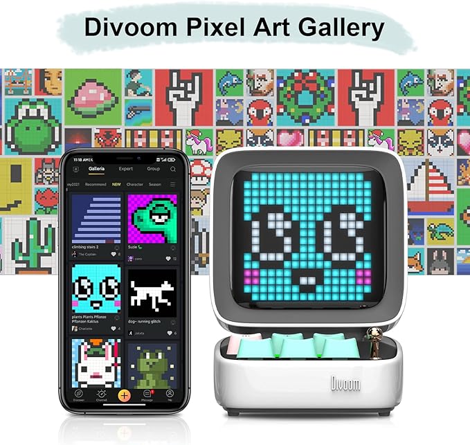 DIVOOM ACDIVDITWHT Divoom Ditoo Pixel Art Portable Bluetooth Speaker with App Controlled 16X16 LED Front Panel White - White (Pack of1)