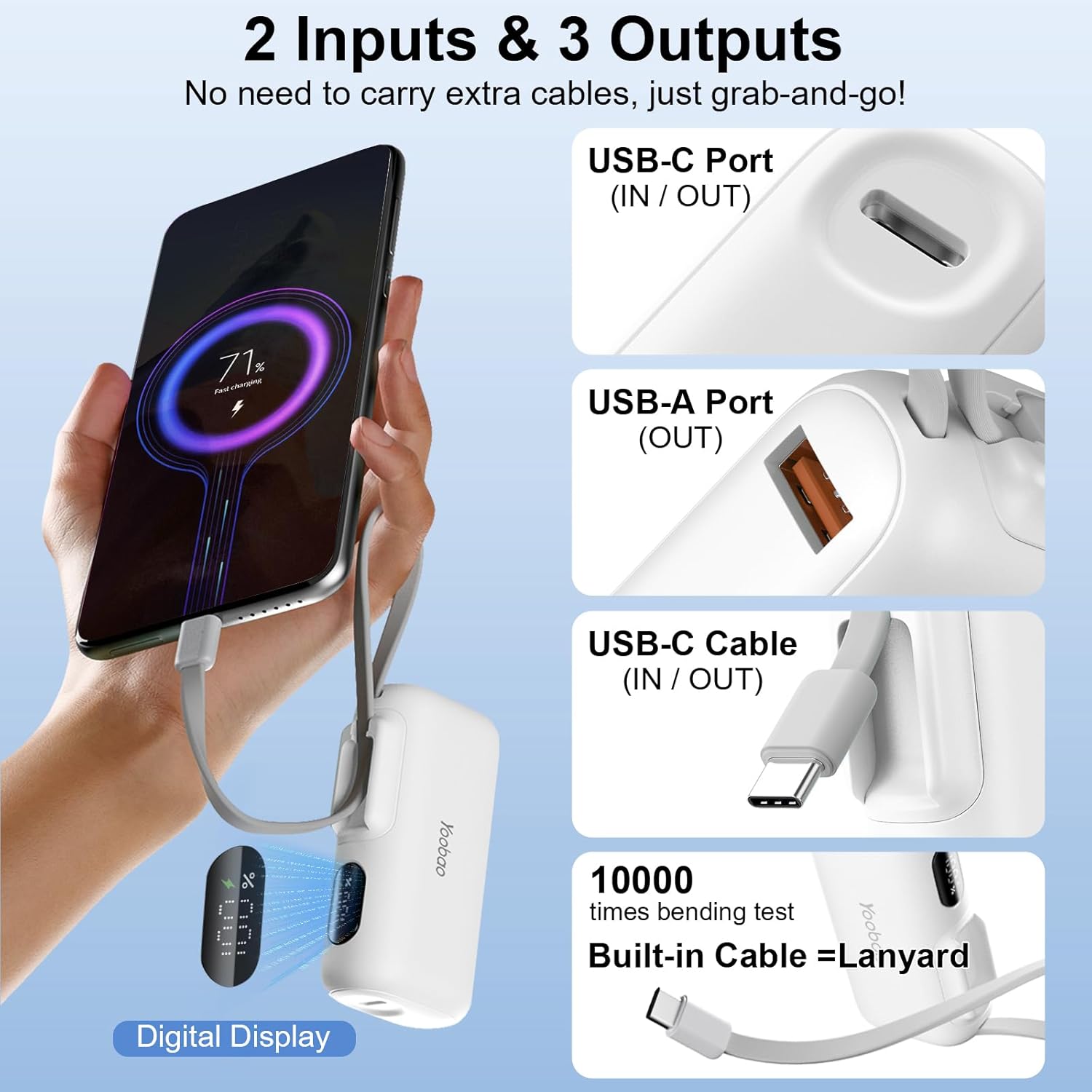 Yoobao Portable Charging Station with Small Power Bank 5 Pack Built-in USB C Cable 5000mAh, Family Shared Portable Charger PD20W Fast Charging for iPhone 15 16, Charging Dock for Restaurant Pub Party