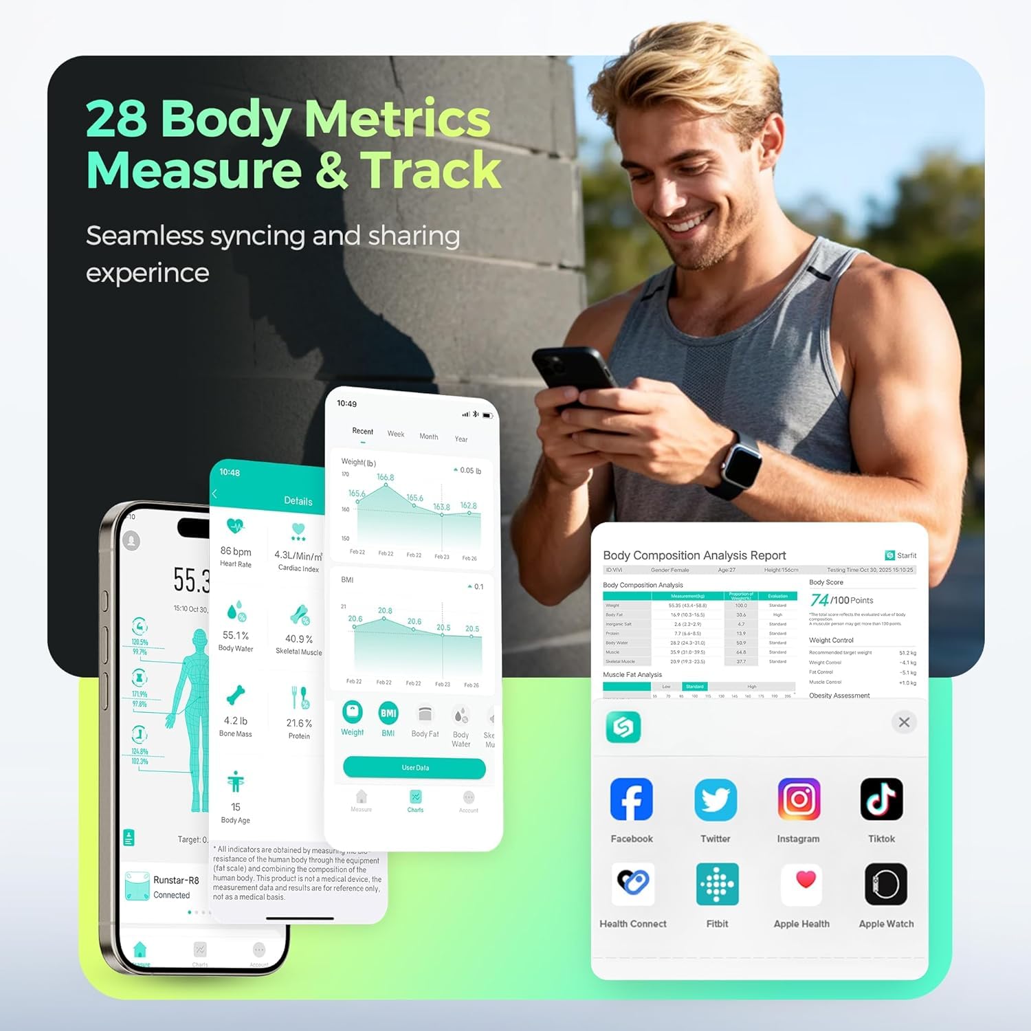 ADAK 8-Electrode Smart Body Fat Scale 2 PRO, Black, Glass, 30x30x2.7cm, Digital Bathroom Scale with BMI, 29 Body Composition Analyzer, Large LCD Display, Bluetooth App Sync, 400 lbs Capacity