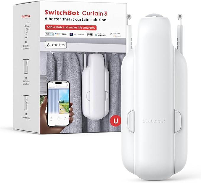 SwitchBot Smart Curtain Opener – Bluetooth Remote Control with App/Timer (Curtain 3, U Rail)