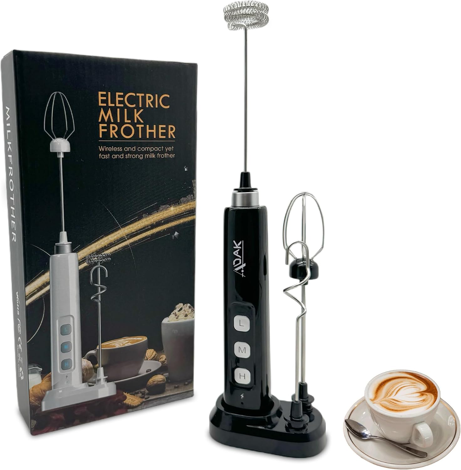 ADAK Electric Handheld Milk Frother, USB Rechargeable, White, Stainless Steel and Plastic, 2.5W, With Stand and Charging Base, for Coffee, Tea, Milk, Baby Food