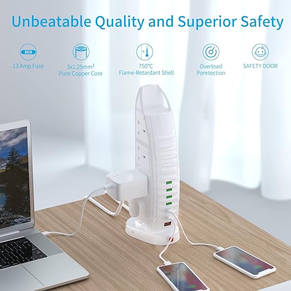 BEKHOM Extension Lead with 8 Way Outlets and 2 USB Ports (Type C and USB) - 3.6A Multi Plug Extension Socket with Switches, 2M Cable, Vertical Power Strip