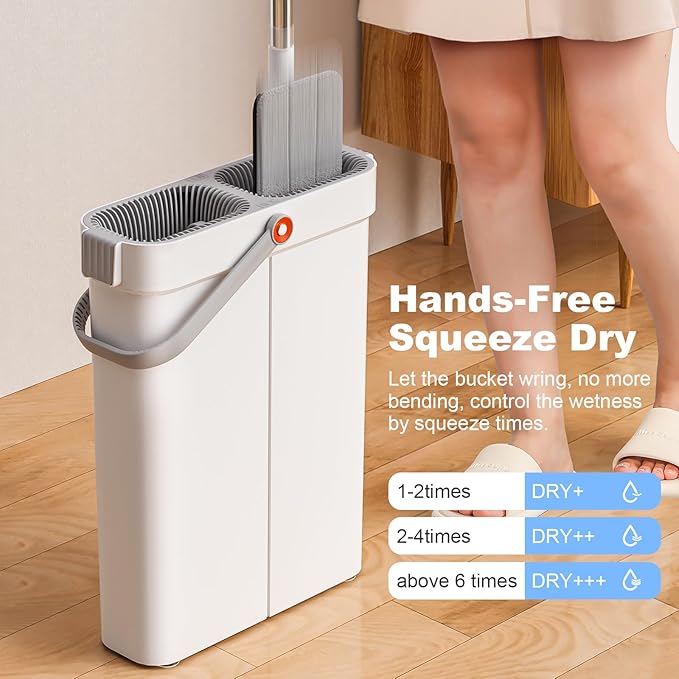 JOYBOS Mop and Bucket with Wringer Set, Hands-Free Flat Floor Mop and Bucket, with 2 Washable Microfiber Pads, Wet and Dry Use, Floor Cleaning System