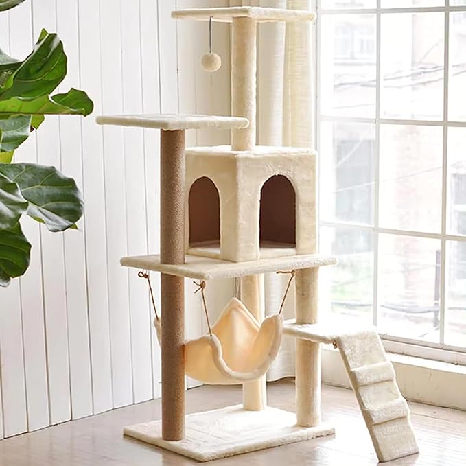 Adak Cat Tree Tower, Large 140CM, Scratching Post, Cat Condo,Hammock, Sisal Posts, Crafted with plush wooden houses, Indoor Cat house (Grey)