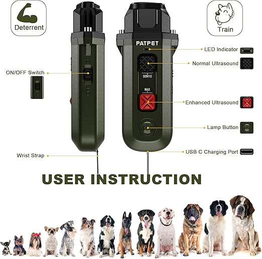 Dog Barking Control Devices – Enhanced Ultrasonic Rechargeable Anti-Barking Device with LED Strobe Light, Handheld Dog