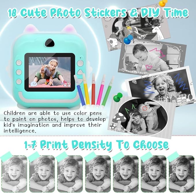 Kids Instant Print Camera, Toddler-Friendly Digital Camera with 1080P HD Video, 48MP Resolution, Includes 32GB Card and Phone Connectivity