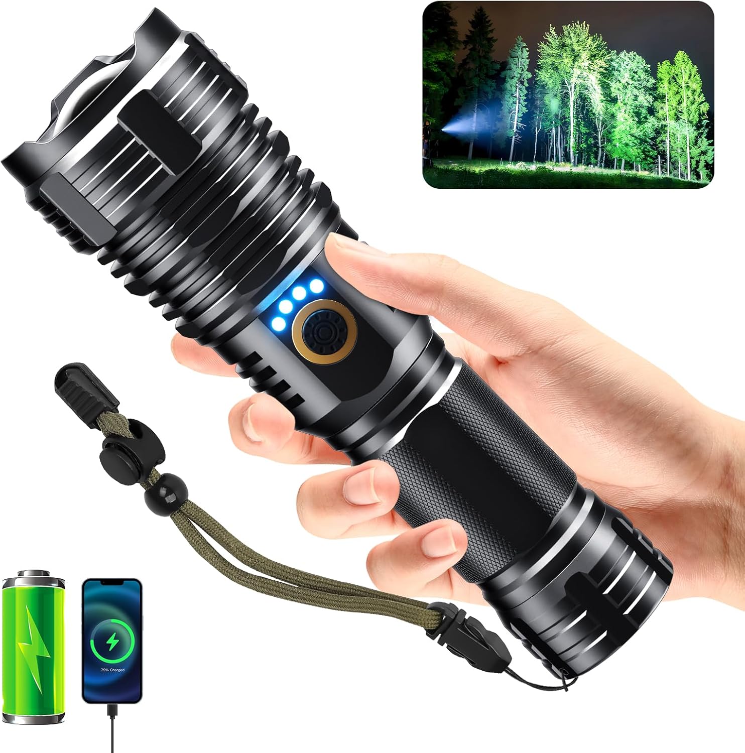 Rechargeable Flashlights 900000 High Lumens, High Power Led Flashlight, XHP70.2 Powerful Tactical Flashlight with Zoomable, 5 Modes, IPX7 Waterproof, Flashlight for Camping, Hiking, Emergencies