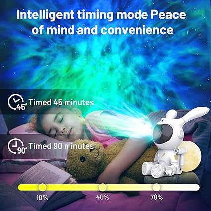ADAK Remote-Controlled Nebula Rabbit Astronaut Star Projector with Moon Lamp - 7-Color Adjustable Starry Sky and Sitting Moon Lights