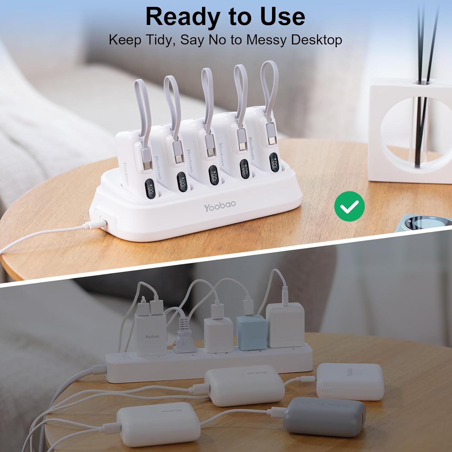 Yoobao Portable Charging Station with Small Power Bank 5 Pack Built-in USB C Cable 5000mAh, Family Shared Portable Charger PD20W Fast Charging for iPhone 15 16, Charging Dock for Restaurant Pub Party