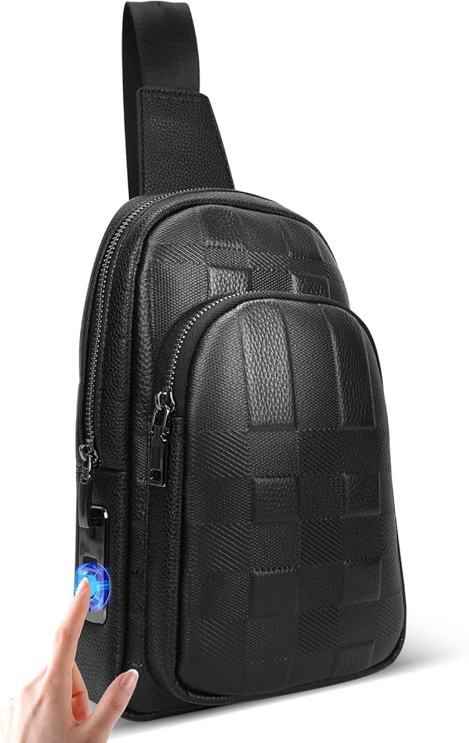 LeeRong Fingerprint Unlock Anti Theft Proof Crossbody Bag Men for Travel Genuine Leather Purse Waterproof Large Sling Bag for Men Multi-pocket Black Backpack