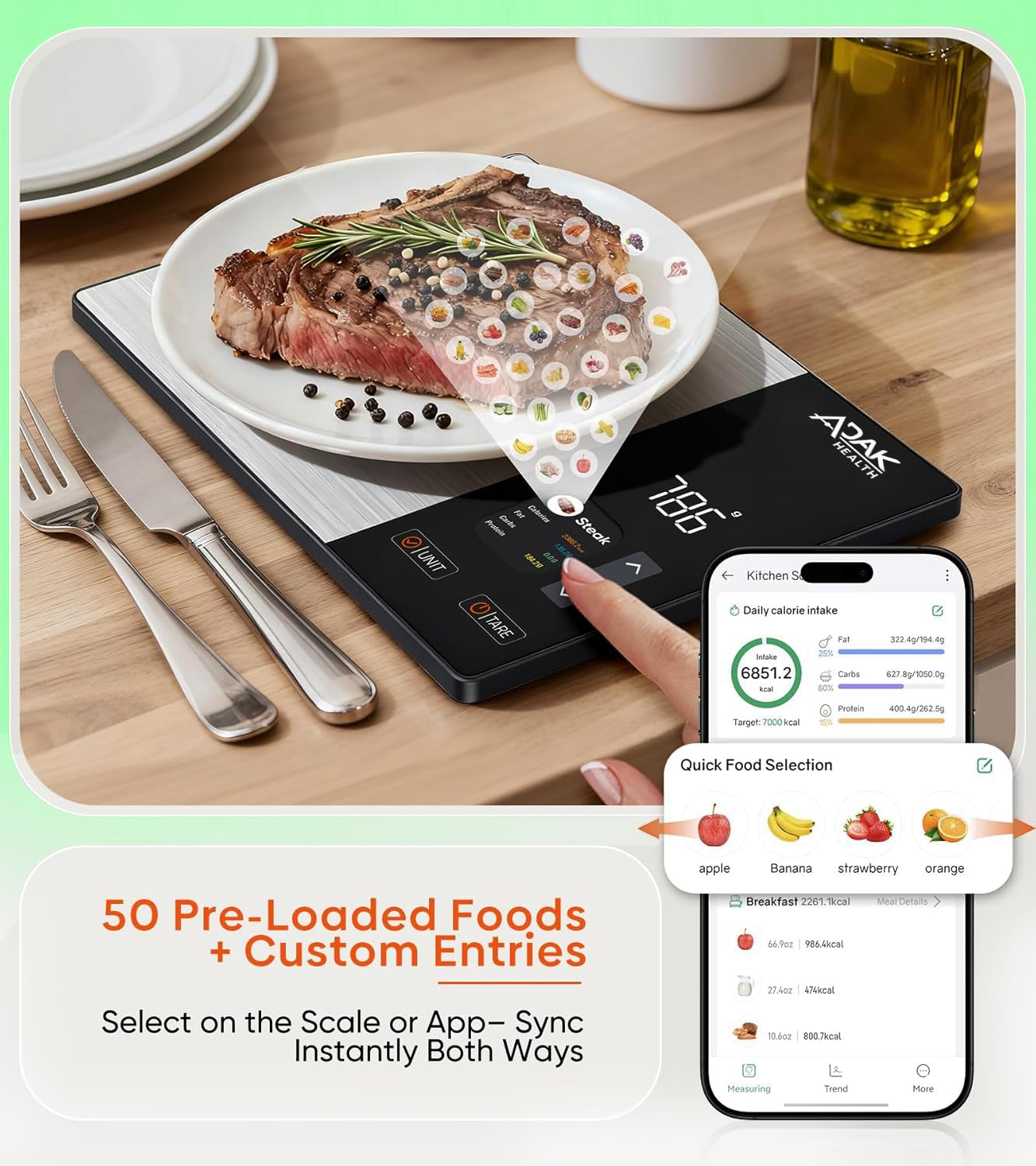 ADAK Smart Nutrition Food Scale with TFT Display, Tracks Calories, Fat, Carbs & Protein, Works with App for Daily Reports, 50 Built-in Foods, 23 Nutrients, Digital Kitchen Scale for Meal Prep
