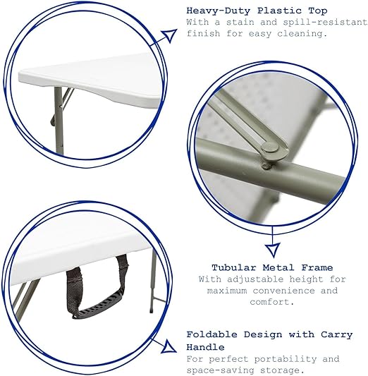 SKY-TOUCH Folding Lightweight Trestle Outdoor Camping Table,Heavy Duty Plastic Outdoor Folding Picnic Table,Folding Trestle Table For BBQ Party, Folds in Half with Carry Handle,White(152×70×74cm)