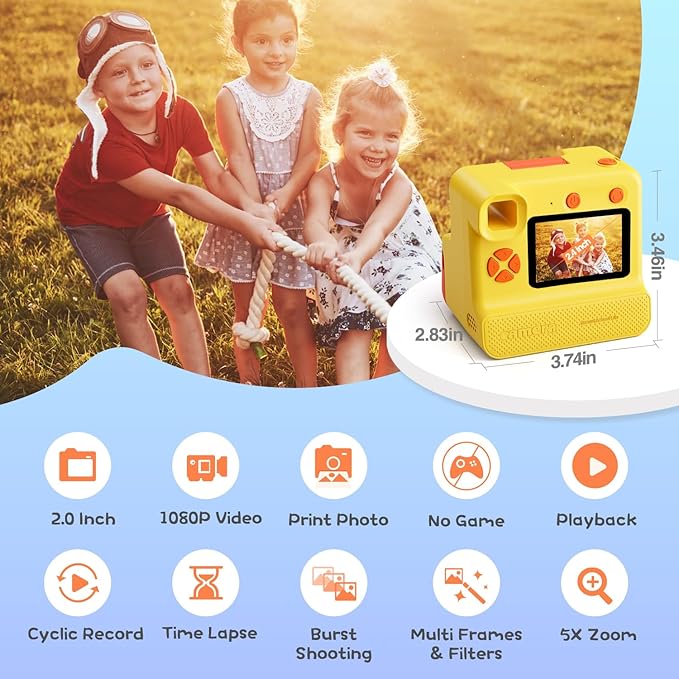 Kids Instant Camera 1080P Kids Camera Instant Print No Ink Printing Digital Camera 180°Flip Lens For Girls Boys