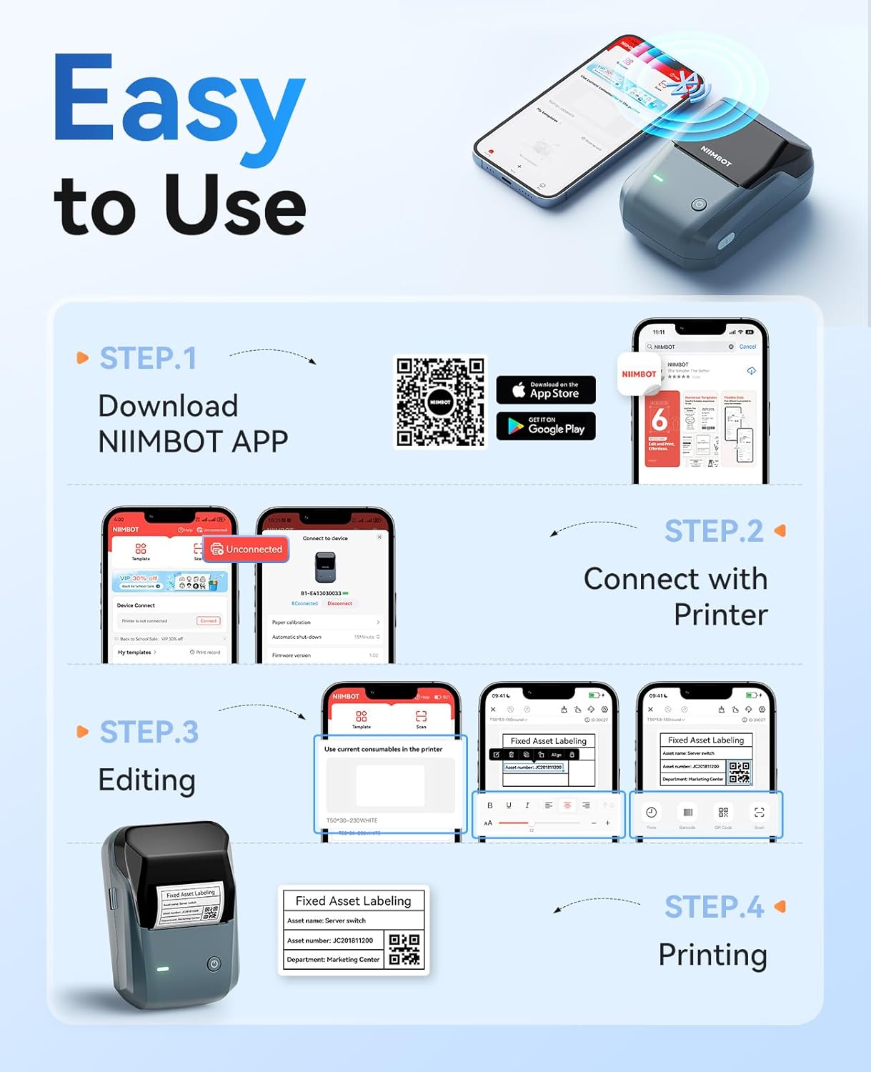 NIIMBOT B1 Label Maker with Auto Identification,2 Inch Bluetooth Portable Label Printer Easy to Use for Office, Home, Business (with 2x1.18 inch Label)