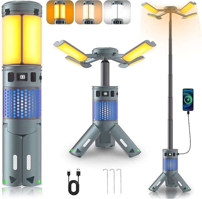 Camping Lights, Rechargeable Telescopic Lights with Stand, 12,000mAh Camping Lanterns and Lights with RGB, Magnetic Base, Portable Lanterns for Camping, Hiking, Emergency