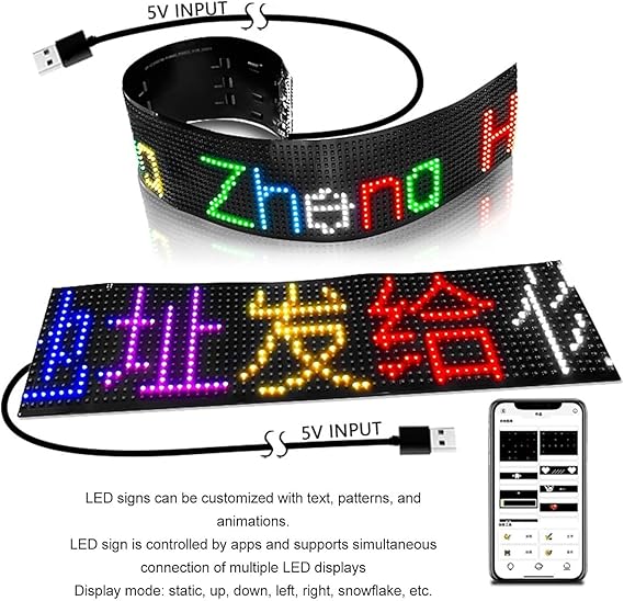 ADAK Flexible LED Car Screen Display - App Controlled Scrolling LED Sign with Custom Text Patterns, Programmable USB LED